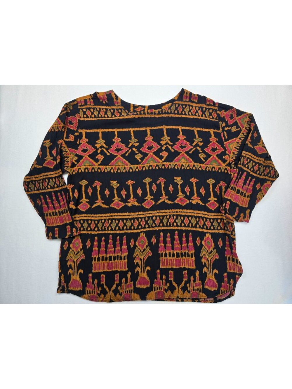 Rabbit Designs Womens L XL 3/4 Sleeve Blouse Black Geometric Pattern Cotton